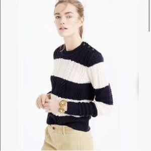 J Crew Navy Blue Off White Cable Knit Fisherman Sweater NWT Large E5864